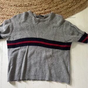 Brandy Melville Gray Crewneck Sweater with Red and Black Stripes